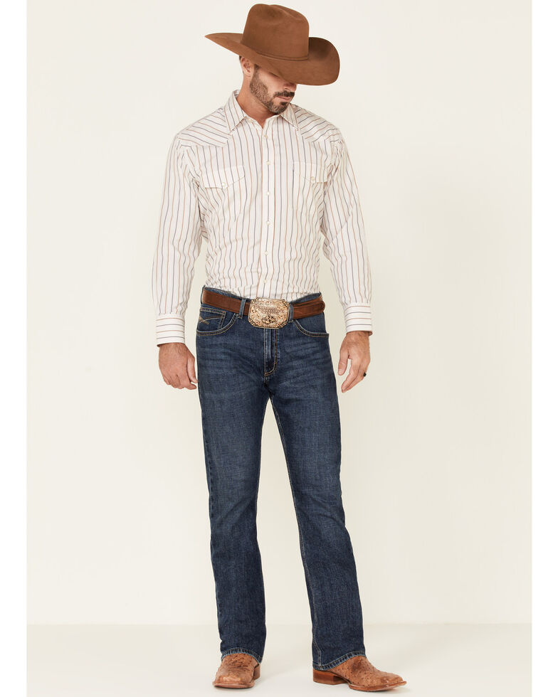 Panhandle Men's Tan Satin Dobby Stripe Long Sleeve Snap Western Shirt , Tan, hi-res