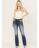 Miss Me Women's Dark Wash Lurex Embroidered Cross Non-Flap Pocket Tapered Bootcut Jeans , Dark Blue, hi-res