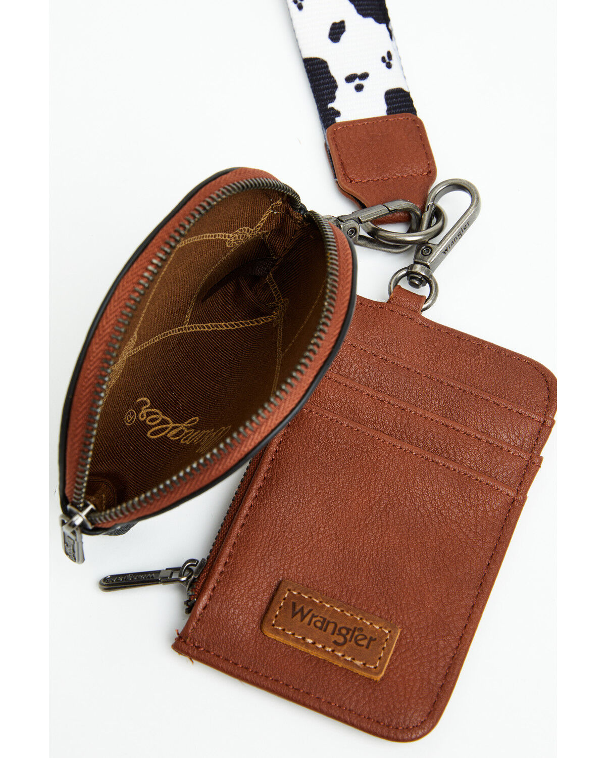 Image #4 - Wrangler Women's Boot Barn Exclusive Daisy Cow Print Dual Pouch Wristlet, Brown, hi-res