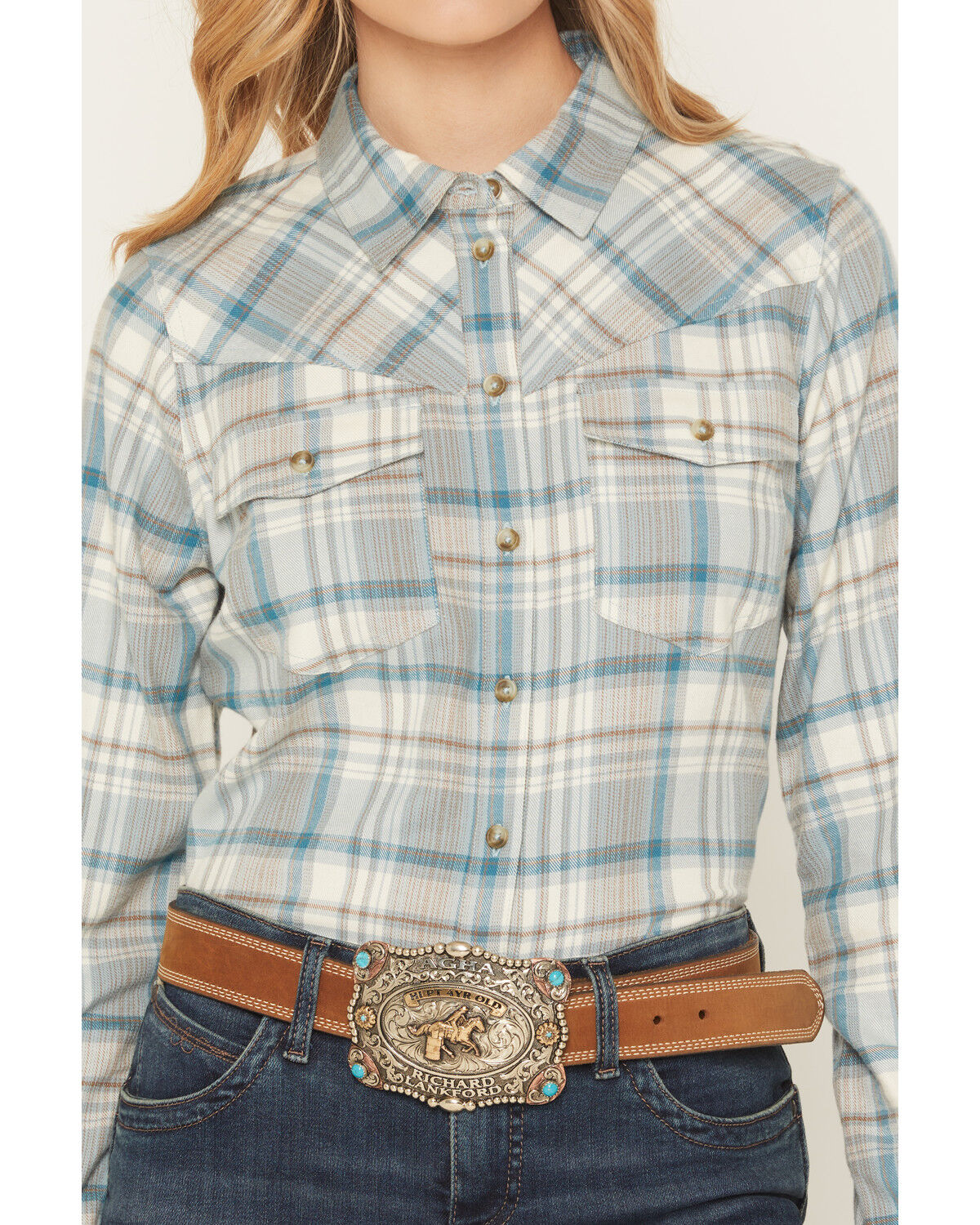 Image #3 - Shyanne Women's Plaid Print Long Sleeve Button-Down Flannel Shirt, Aqua, hi-res