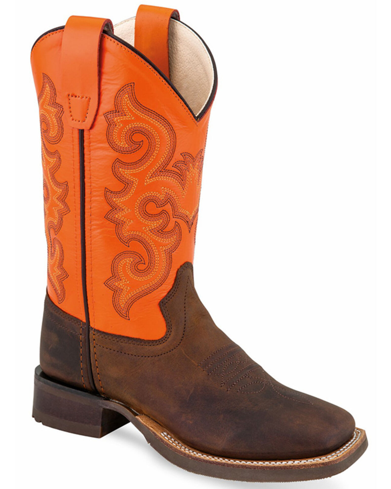 Old West Children s Broad Square Toe Boots Brown Neon Orange