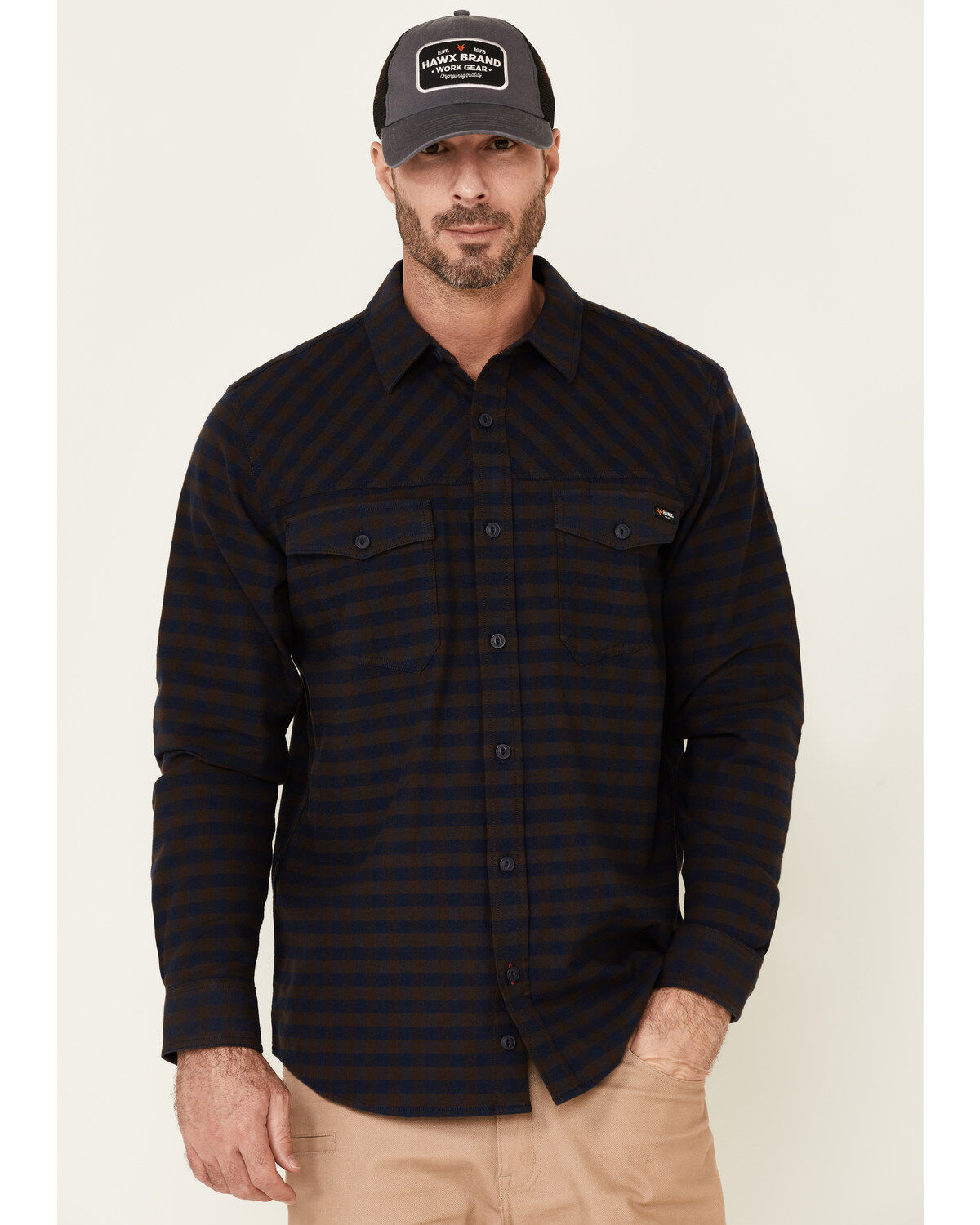 Image #1 - Hawx Men's Navy Newport Herringbone Stretch Check Long Sleeve Work Shirt , , hi-res