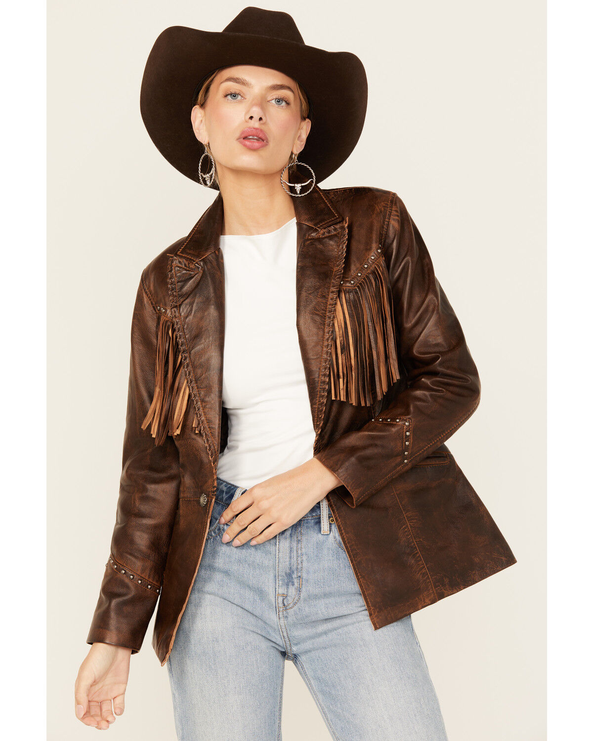 Image #1 - Cripple Creek Women's Fringe Leather Blazer, Brown, hi-res