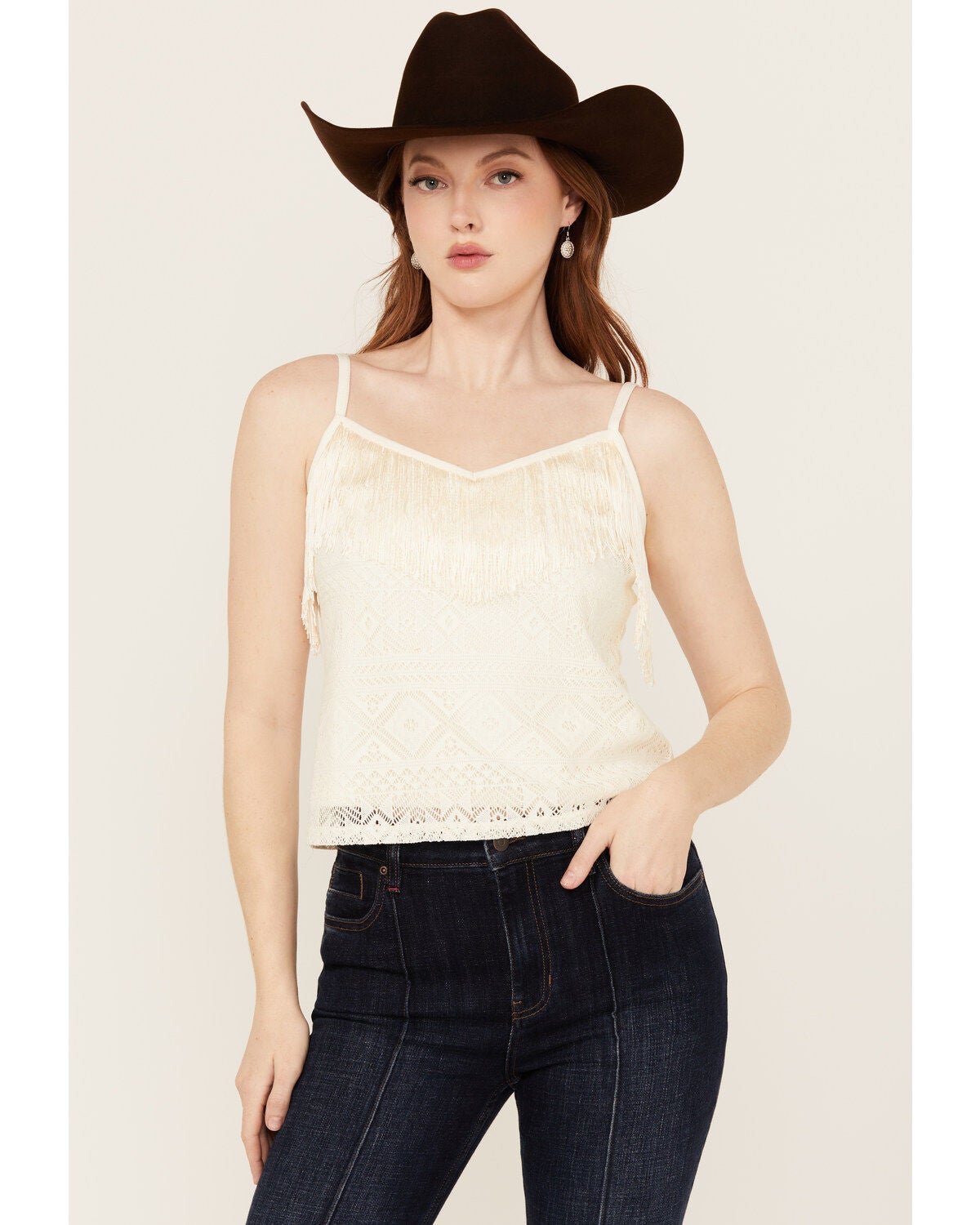 Idyllwind Women's Redmond Lace Fringe Cami, Ivory, hi-res
