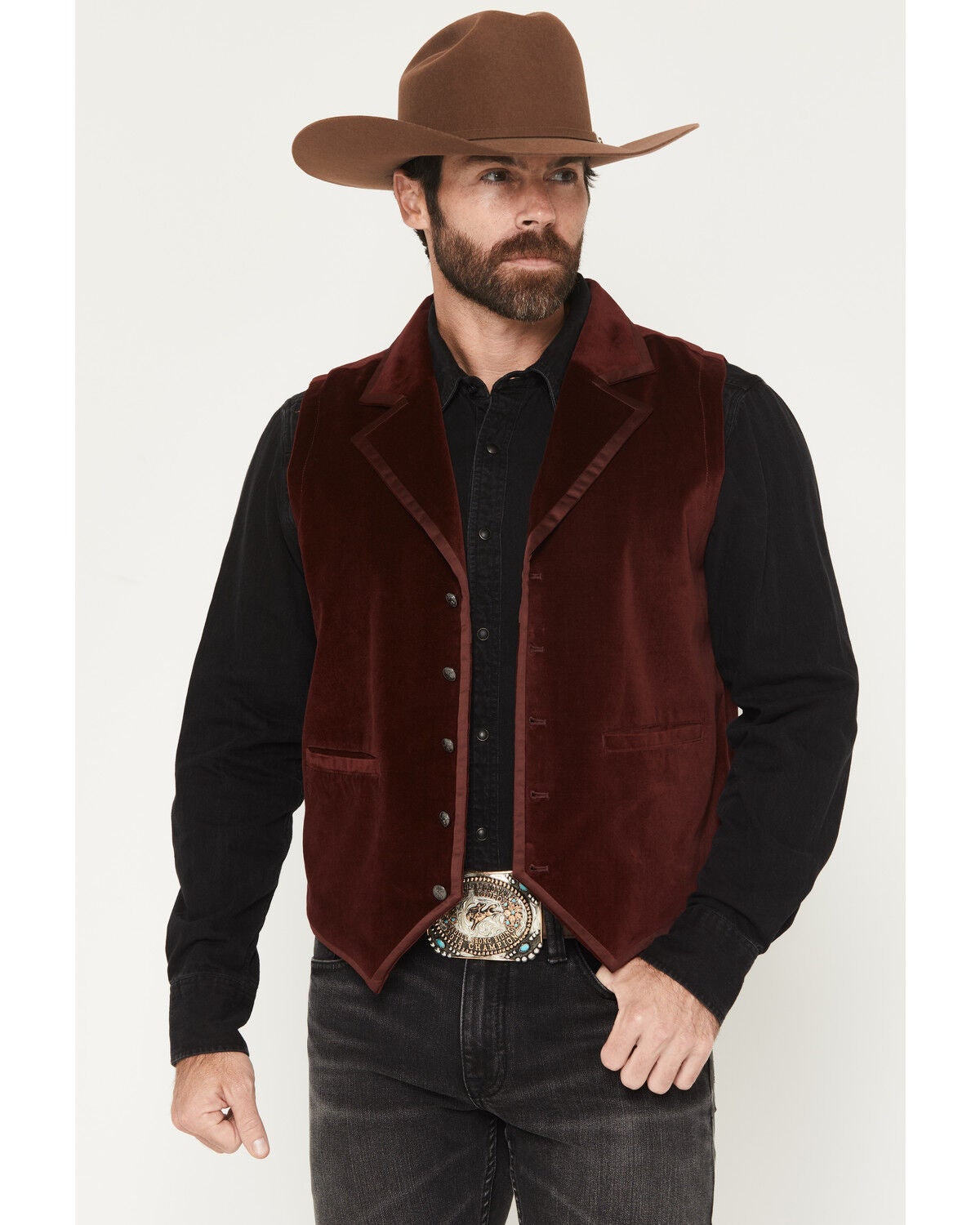 Moonshine Spirit&reg; Men's Single Breasted Velvet Vest, Burgundy, hi-res