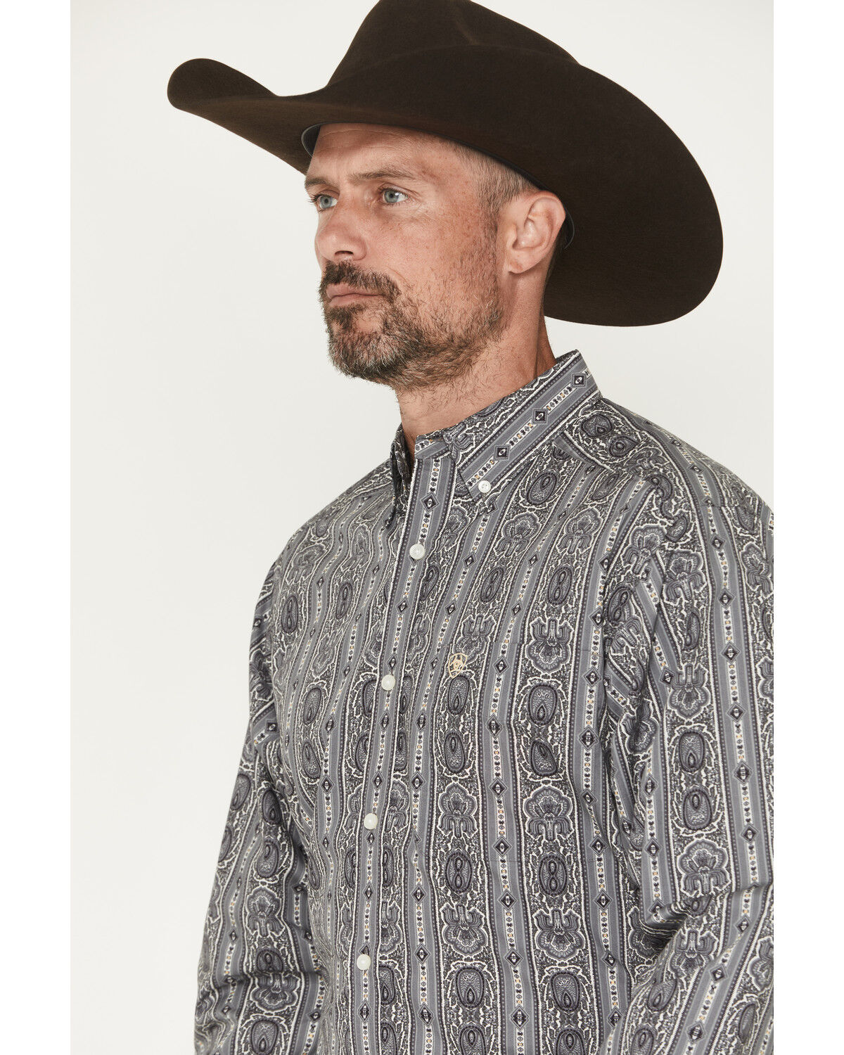 Image #2 - Ariat Men's Tatum Medallion Striped Long Sleeve Button-Down Western Shirt, Grey, hi-res