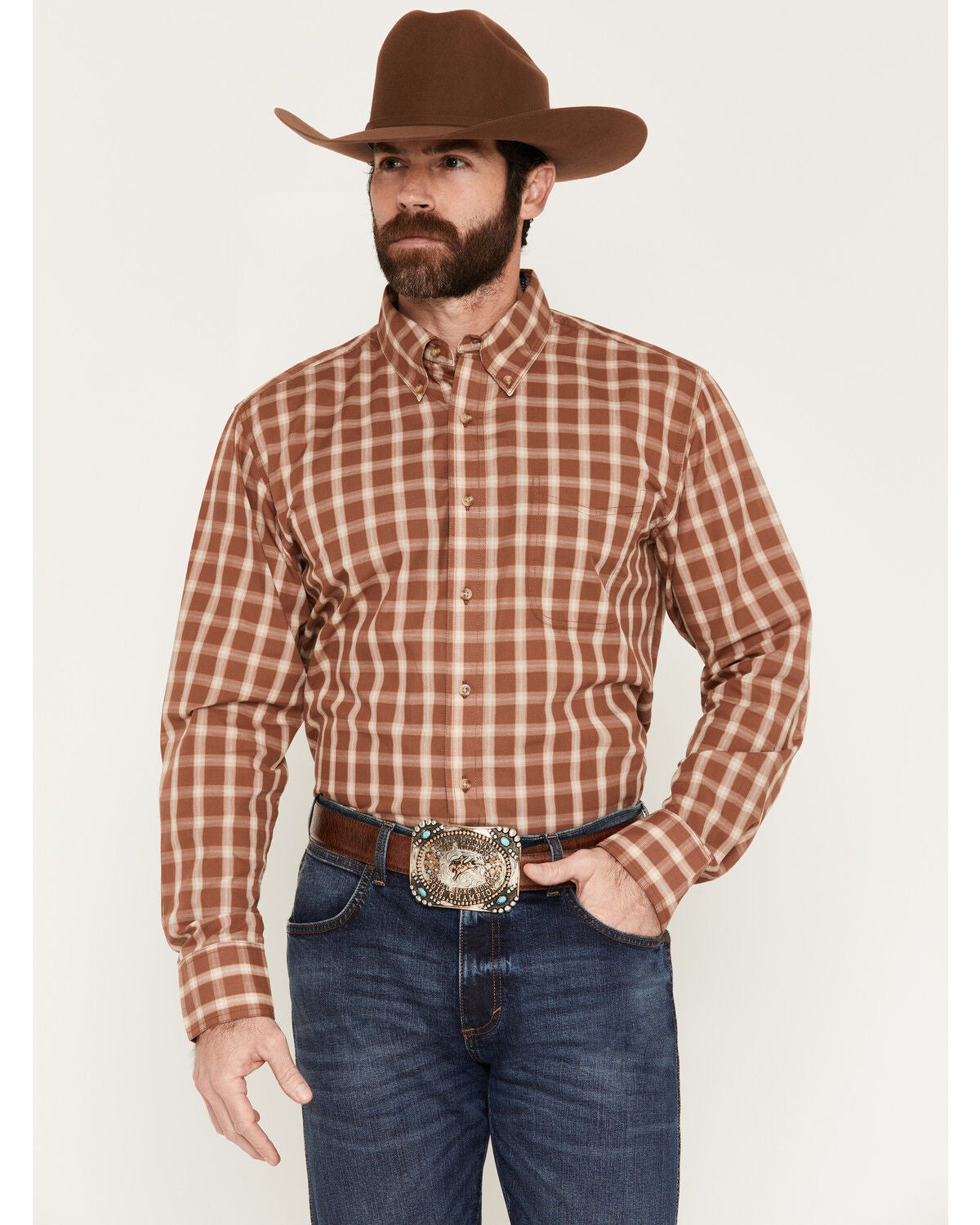 Wrangler Riata Men's Assorted Plaid Print Long Sleeve Button-Down Western Shirt, Multi, hi-res