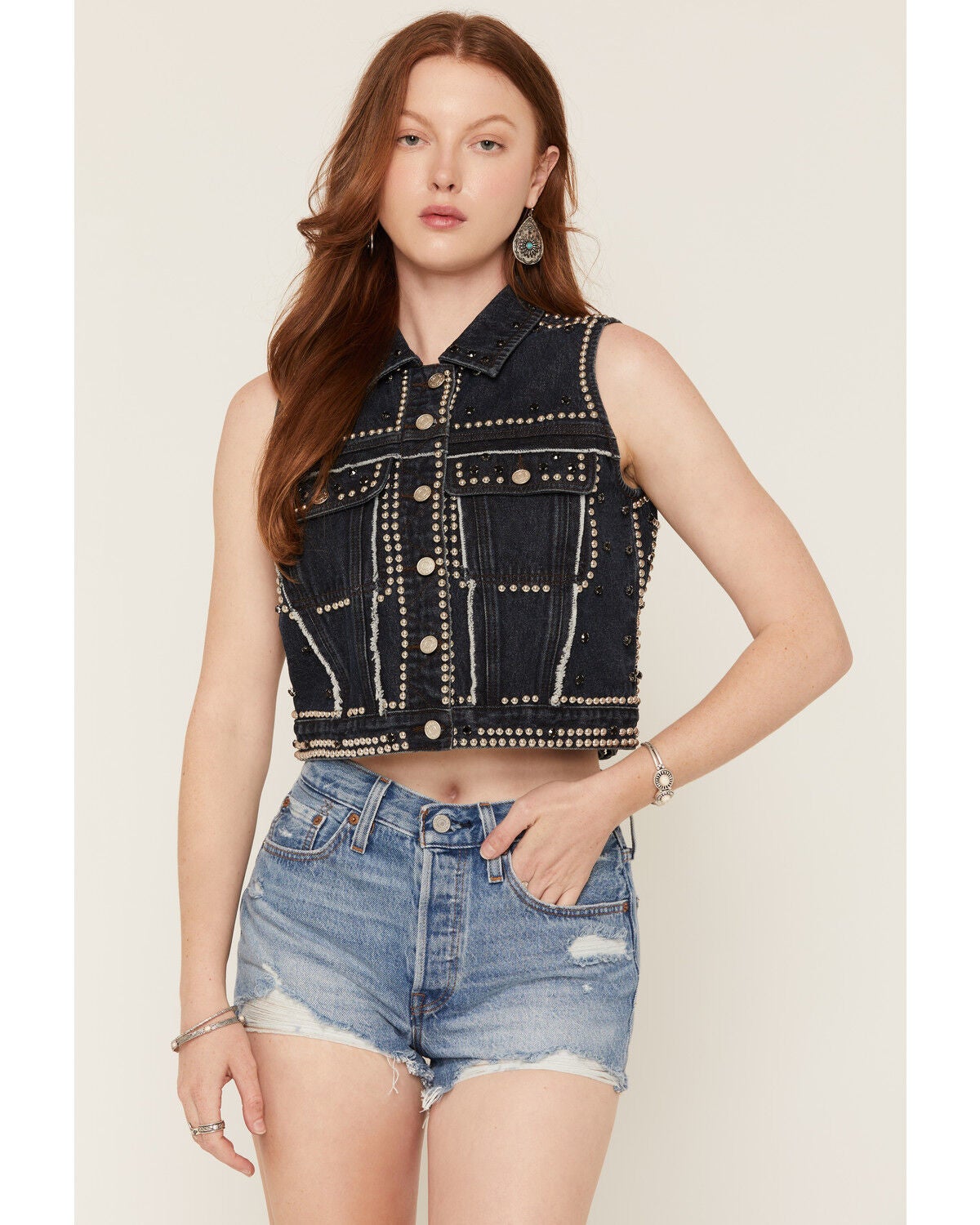 Image #1 - Azalea Wang Women's Zena Studded Denim Trucker Vest, Dark Wash, hi-res