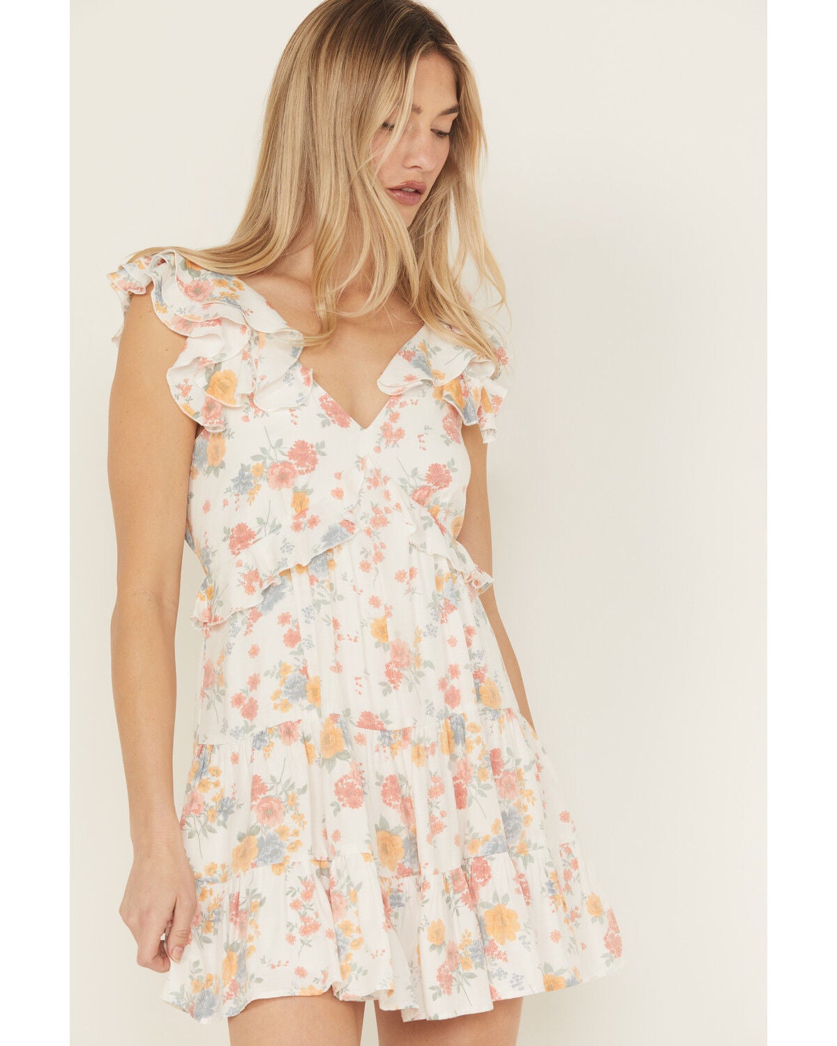 Ash & Violet Women's Floral Print Ruffle Trim Mini Dress, White, hi-res