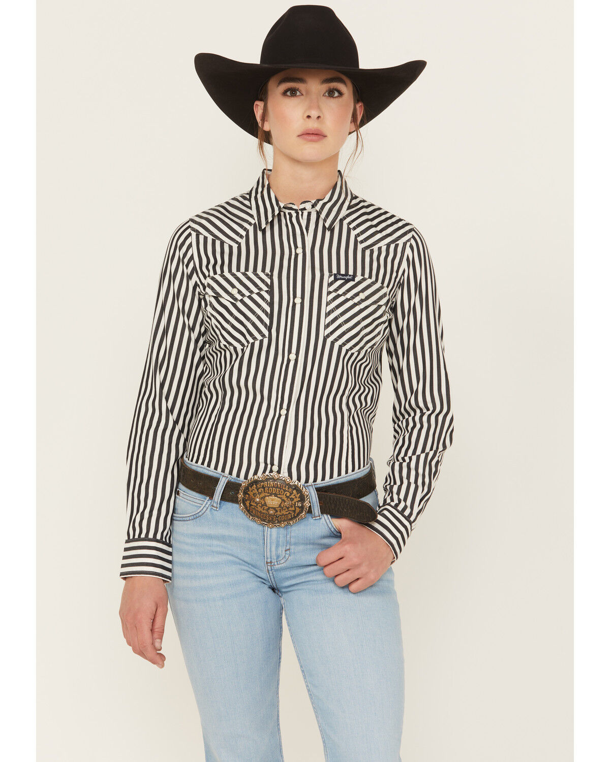 Wrangler Retro Women's Striped Long Sleeve Snap Western Shirt, Black, hi-res