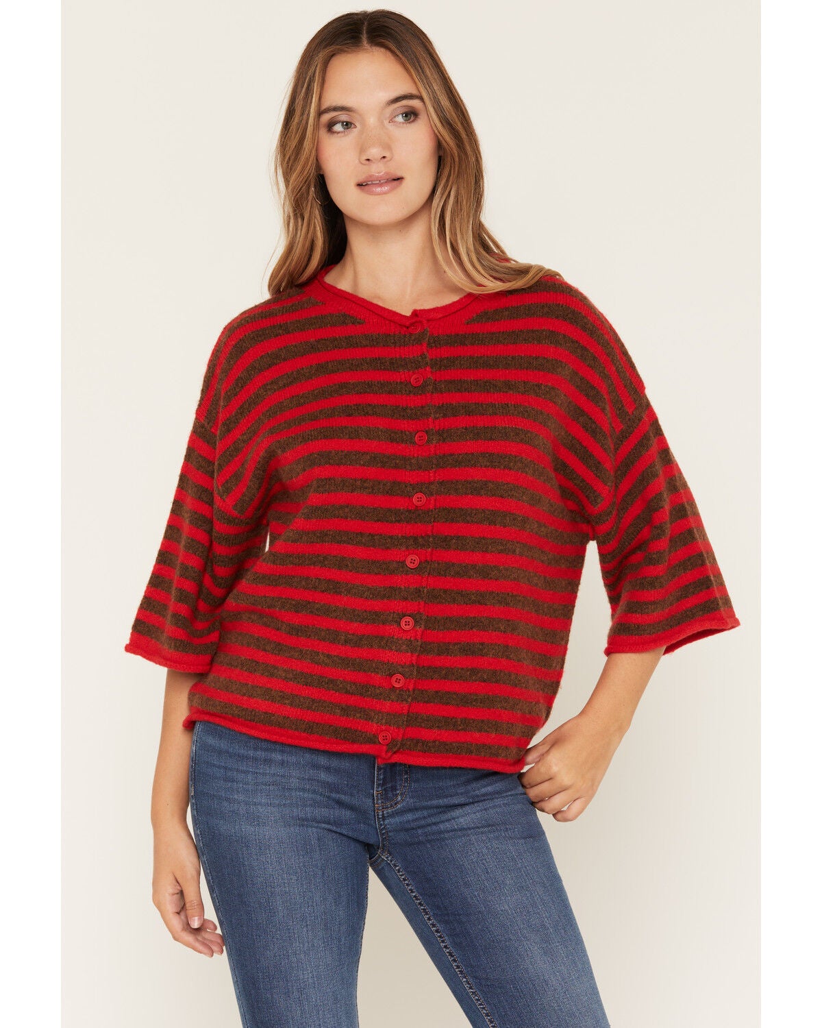 Image #1 - By Together Women's Striped Short Sleeve Button-Down Sweater, Red, hi-res