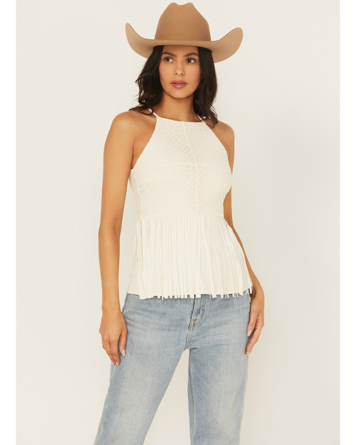 Shyanne Women's Stretch Lace Halter Fringe Tank, Cream, hi-res