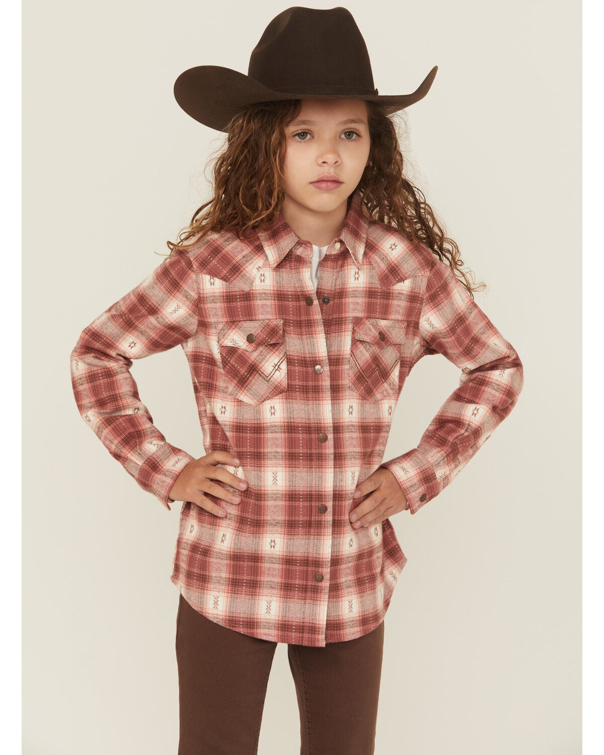 Wrangler Girls' Plaid Print Long Sleeve Snap Flannel Shirt, Rust Copper, hi-res