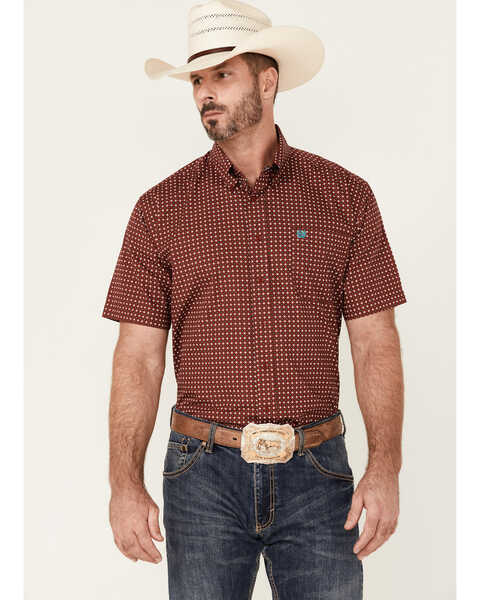 Cinch Men's Red Geo Print Short Sleeve Button Down Western Shirt , Red, hi-res