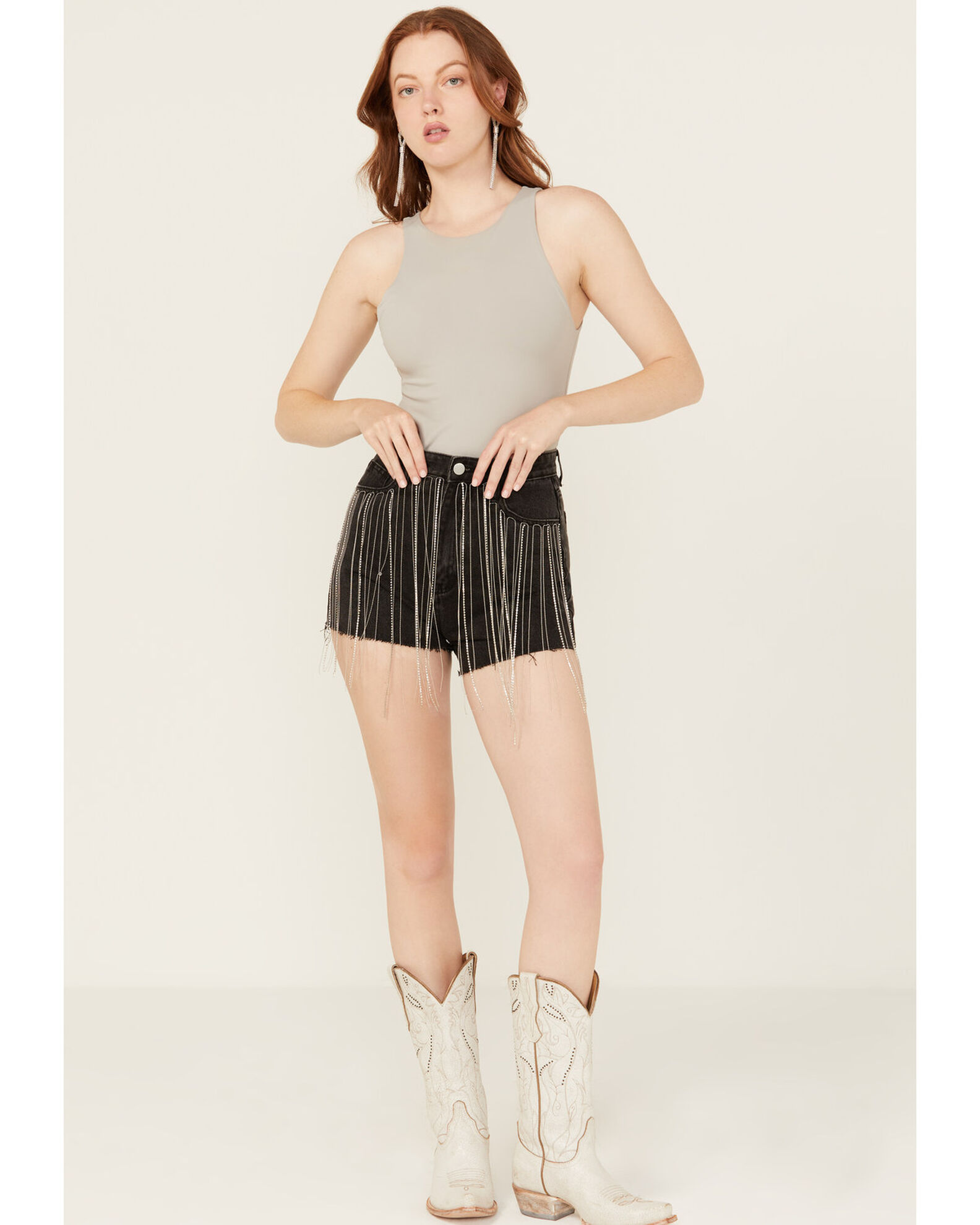 Women s Blue B High Rise Pocket Rhinestone Fringe Denim Shorts