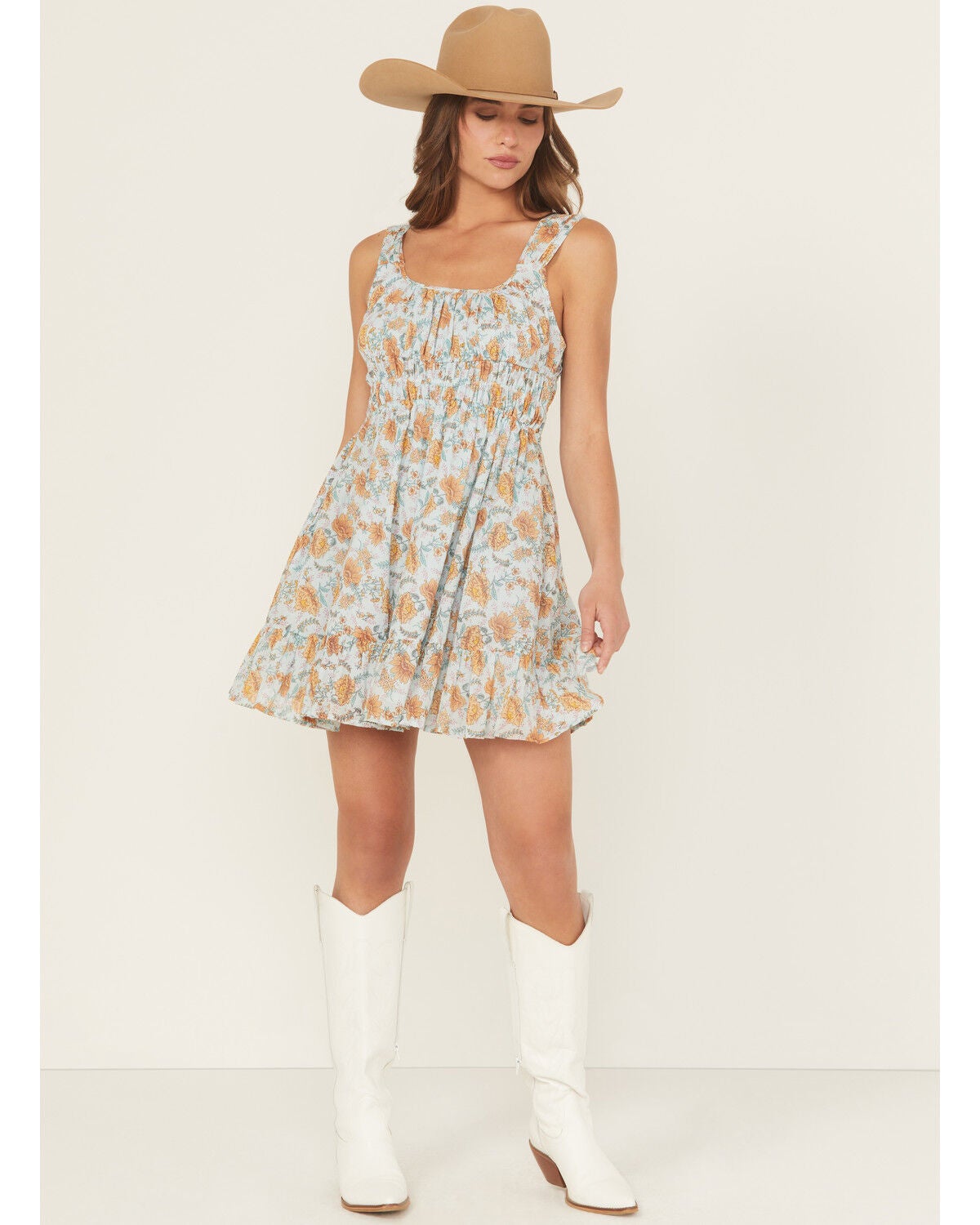 Rock & Roll Denim Women's Floral Print Sleeveless Mini Dress, Light Blue, hi-res