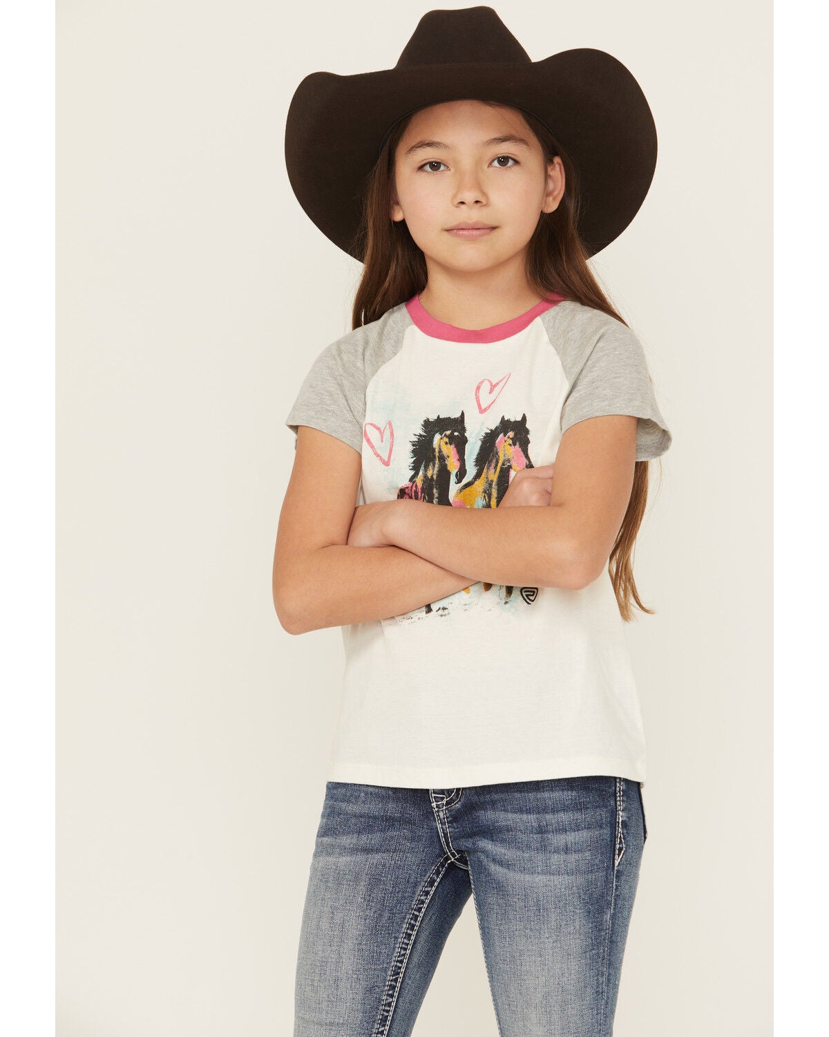 Rock & Roll Denim Girls' Horses Heart Short Sleeve Graphic Tee, Ivory, hi-res