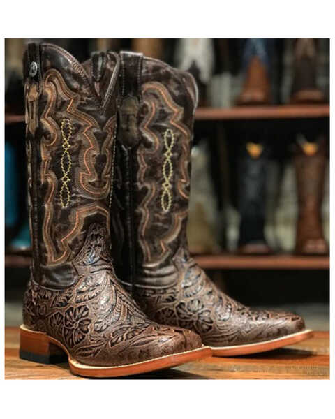 Tanner Women's Hand Tooled Floral Western Boots - Broad Square Toe , Brown, hi-res