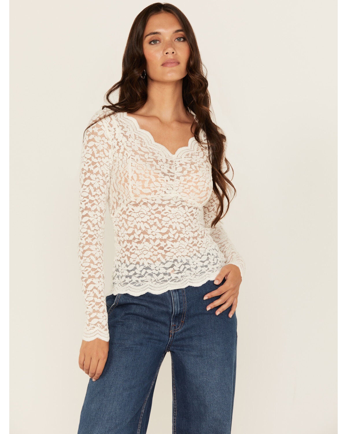 Shyanne Women's Solid Lace Long Sleeve Shirt, Off White, hi-res