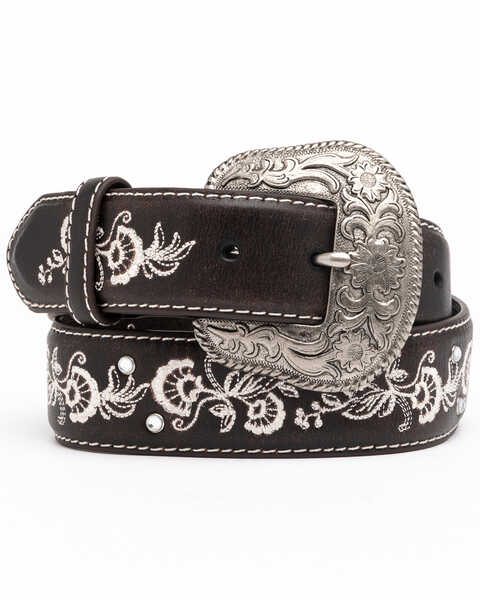 Shyanne Women's Chocolate Floral Embroidered Crystal Western Belt , Chocolate, hi-res