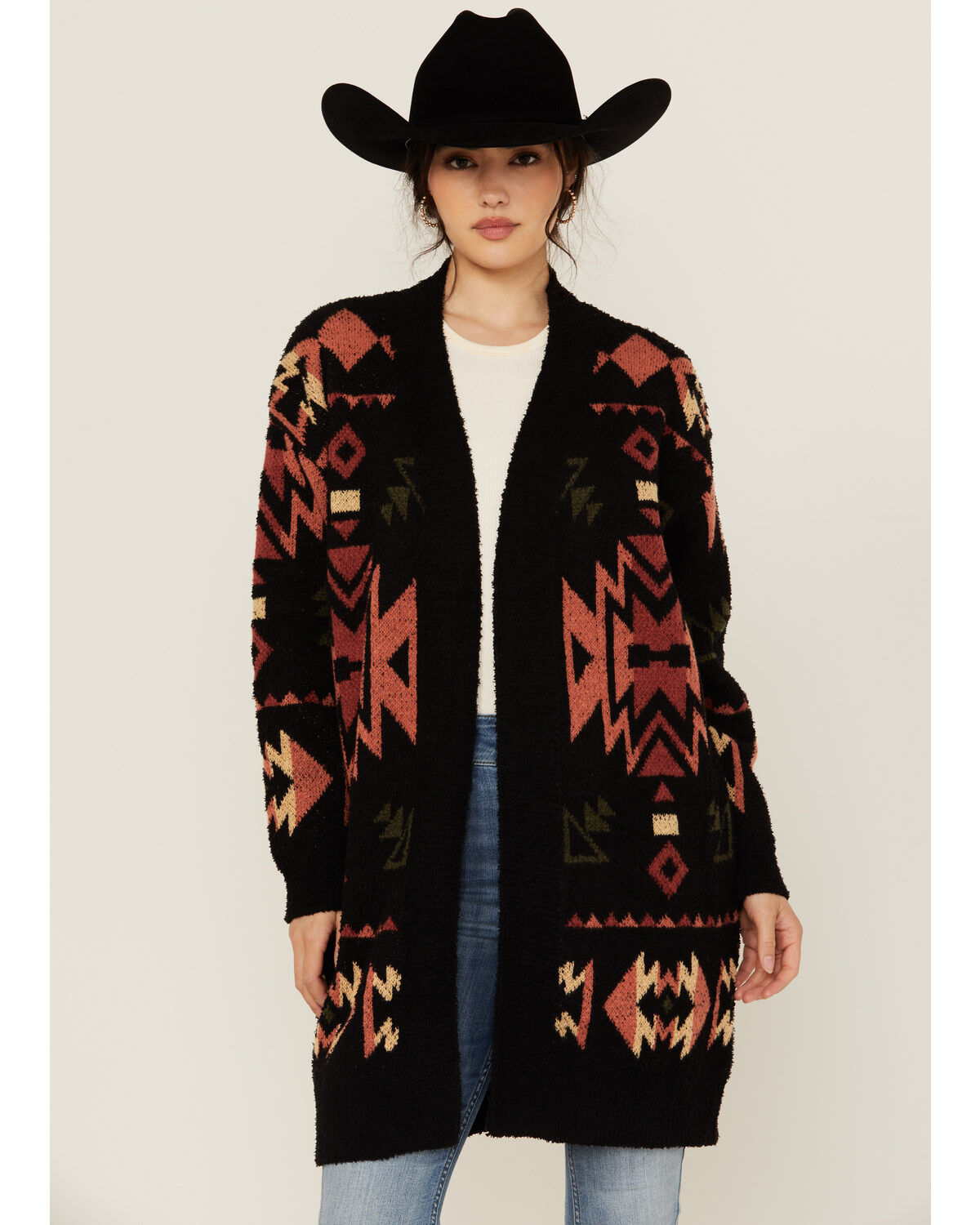 Image #1 - Angie Women's Southwestern Print Open Front Sweater, , hi-res