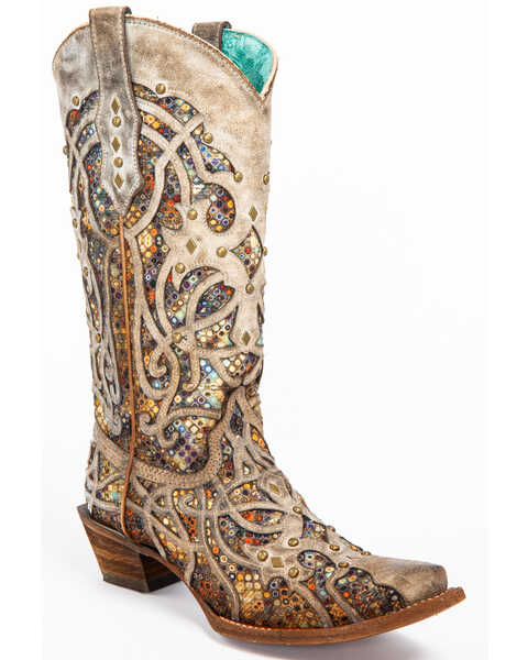 Image #1 - Corral Women's Taupe Inlay Western Boots - Snip Toe, Taupe, hi-res