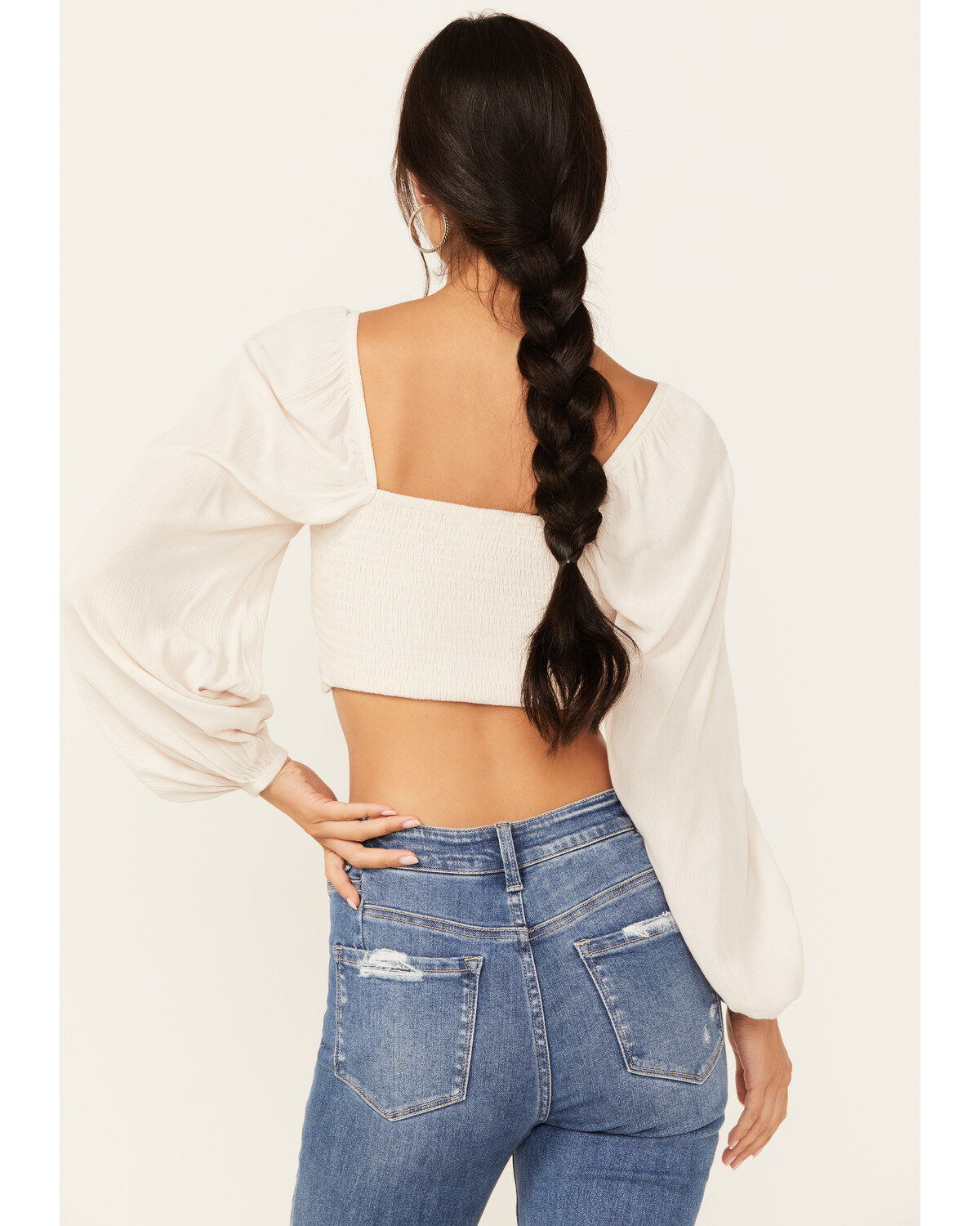 Image #4 - Shyanne Women's Embroidered Mesh Dot Poet Sleeve Crop Top, Sand, hi-res