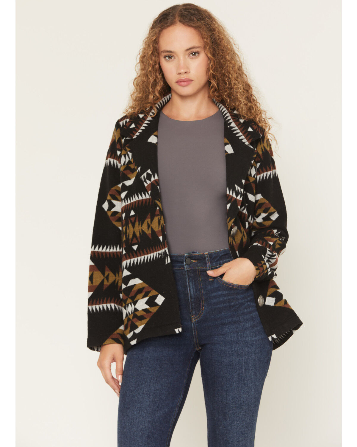 Image #1 - Cotton & Rye Women's Boot Barn Exclusive Southwestern Print Blazer, Dark Brown, hi-res