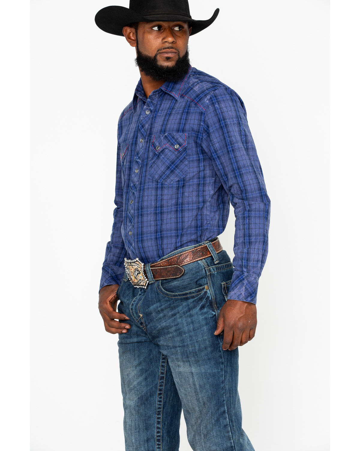 Image #3 - Rock & Roll Denim Men's Plaid Print Long Sleeve Western Shirt, Light Blue, hi-res