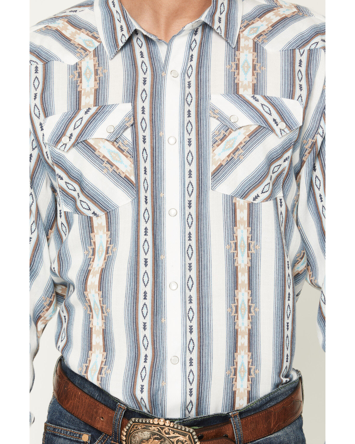 Image #3 - Panhandle Men's Vintage Southwestern Striped Long Sleeve Pearl Snap Western Shirt, Natural, hi-res