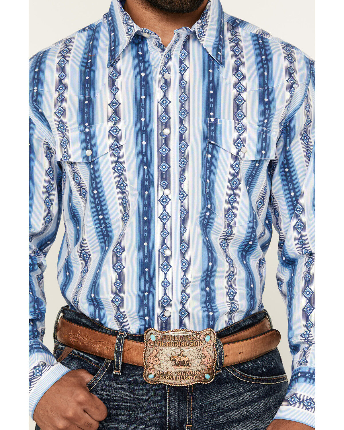 Image #3 - Wrangler Men's Checotah Southwestern Print Long Sleeve Snap Western Shirt, Blue, hi-res