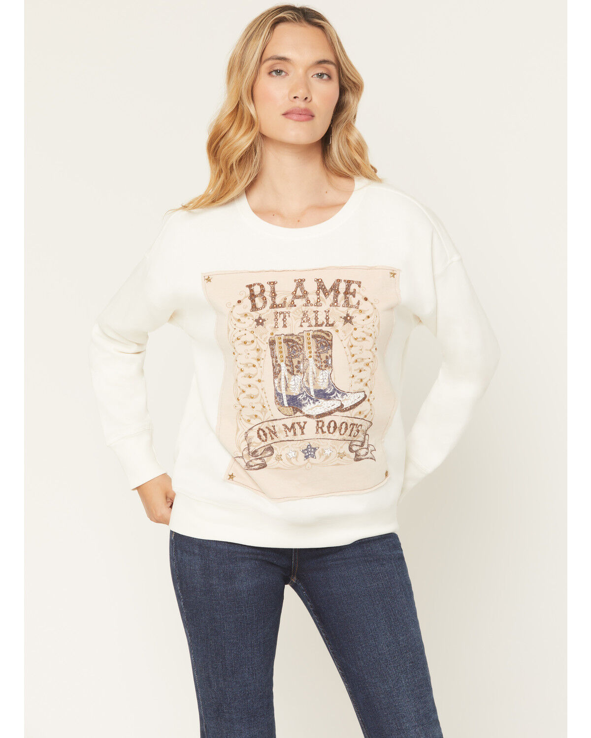 Image #1 - Blended Women's Boots Embellished Graphic Crewneck Sweatshirt, White, hi-res