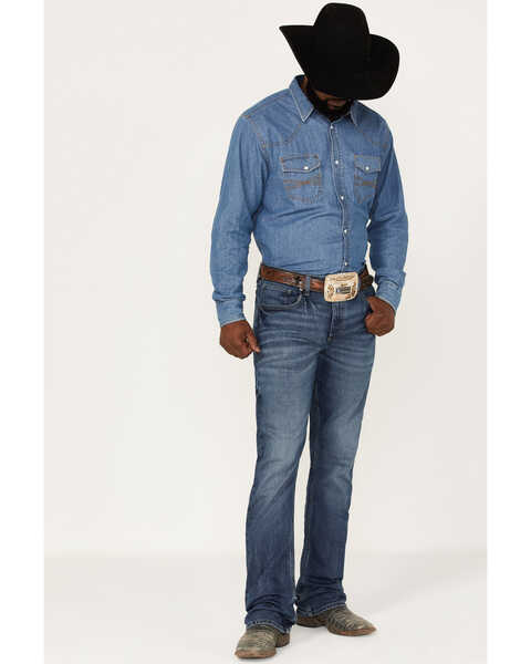Wrangler 20X Men's 42MWX Cowboy Gardens Medium / Dark Wash Vintage Bootcut Stretch Denim Jeans - Long , Blue, hi-res