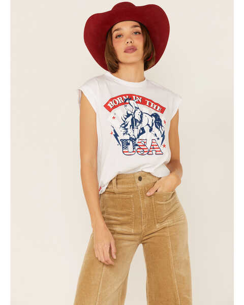 Image #1 - Rodeo Quincy Women's Born In The USA Graphic Short Sleeve Muscle Tee , , hi-res