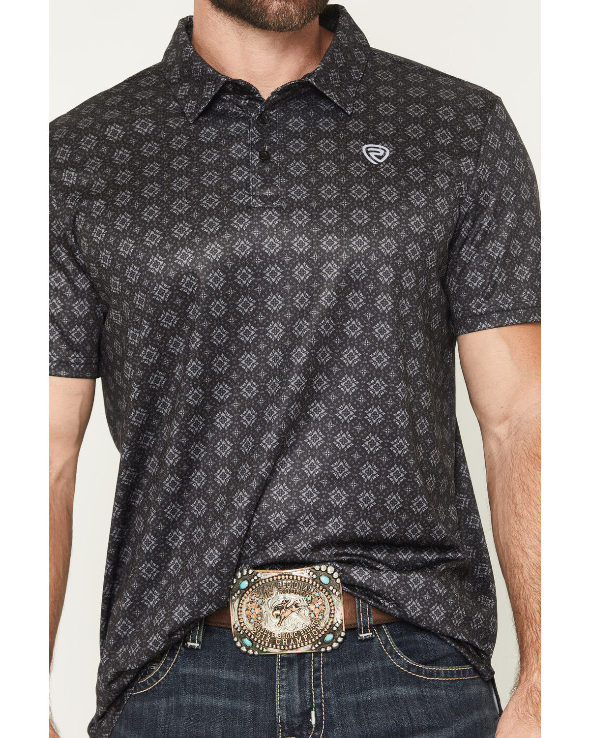 Image #3 - Rock & Roll Denim Men's Medallion Print Short Sleeve Button-Down Stretch Polo Shirt, Black, hi-res