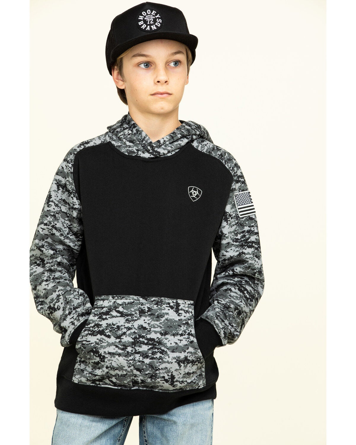 Ariat Boys' Digi Camo Patriot Hooded Sweatshirt, Grey, hi-res