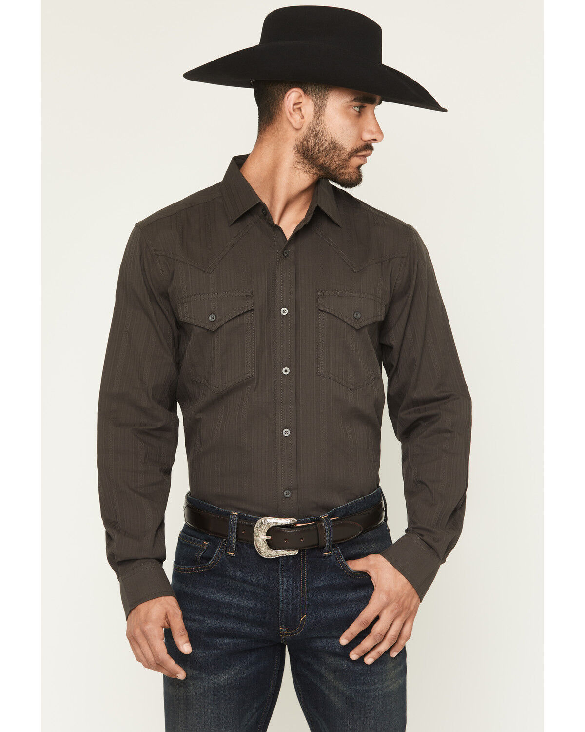 Image #1 - Cody James Black 1978™ Men's Cluny Tonal Striped Long Sleeve Button-Down Western Shirt, Charcoal, hi-res