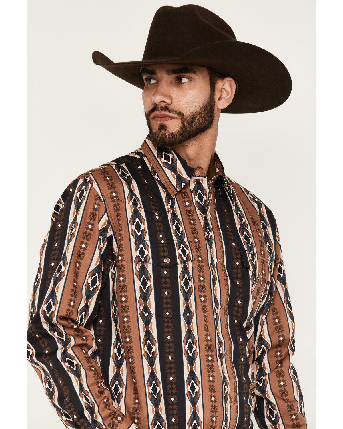 Image #2 - Wrangler Men's Checotah Southwestern Print Long Sleeve Snap Western Shirt, Brown, hi-res