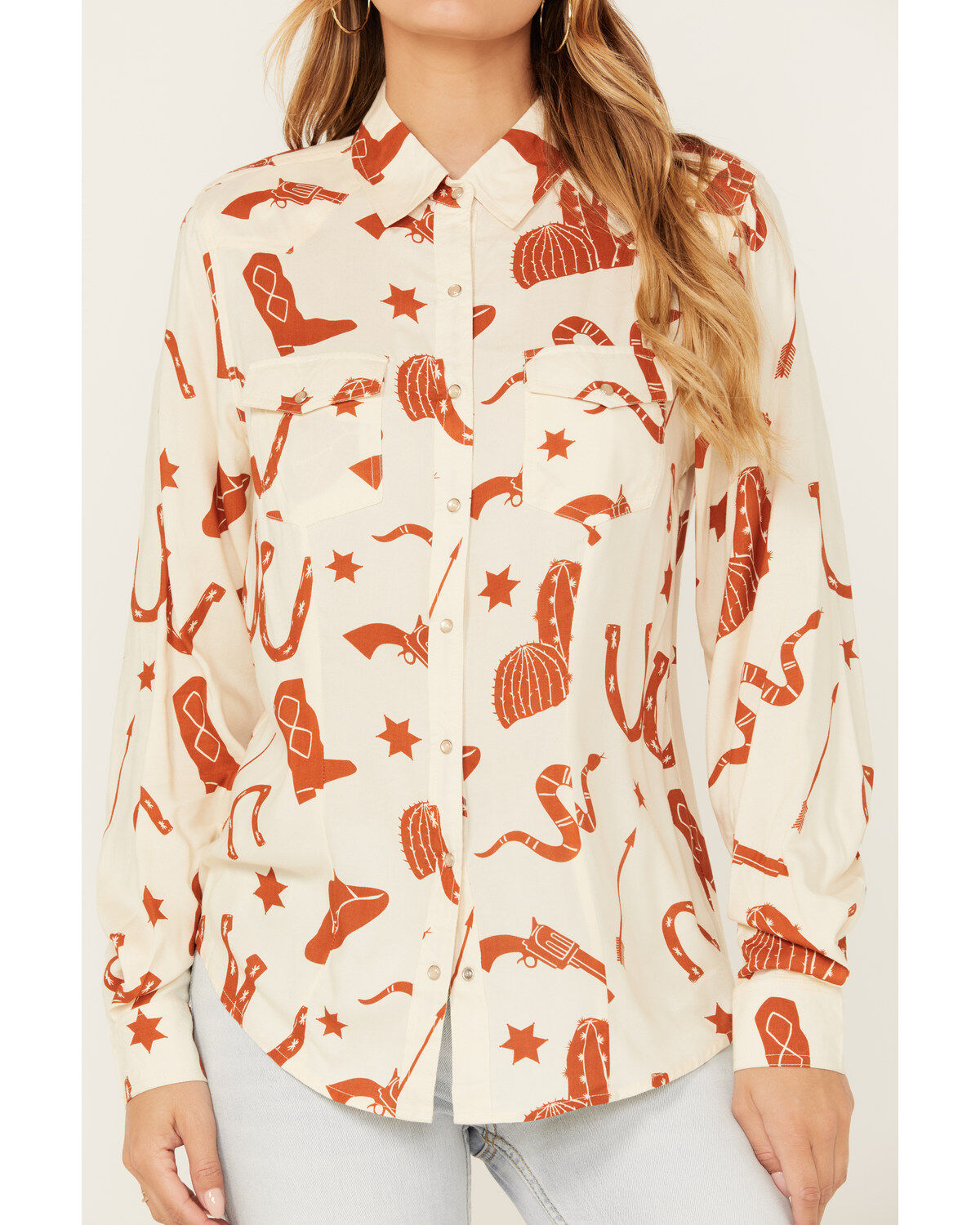 Product Name:  Cotton & Rye Women's Snake and Boot Conversation Print Long Sleeve Pearl Snap Western Shirt