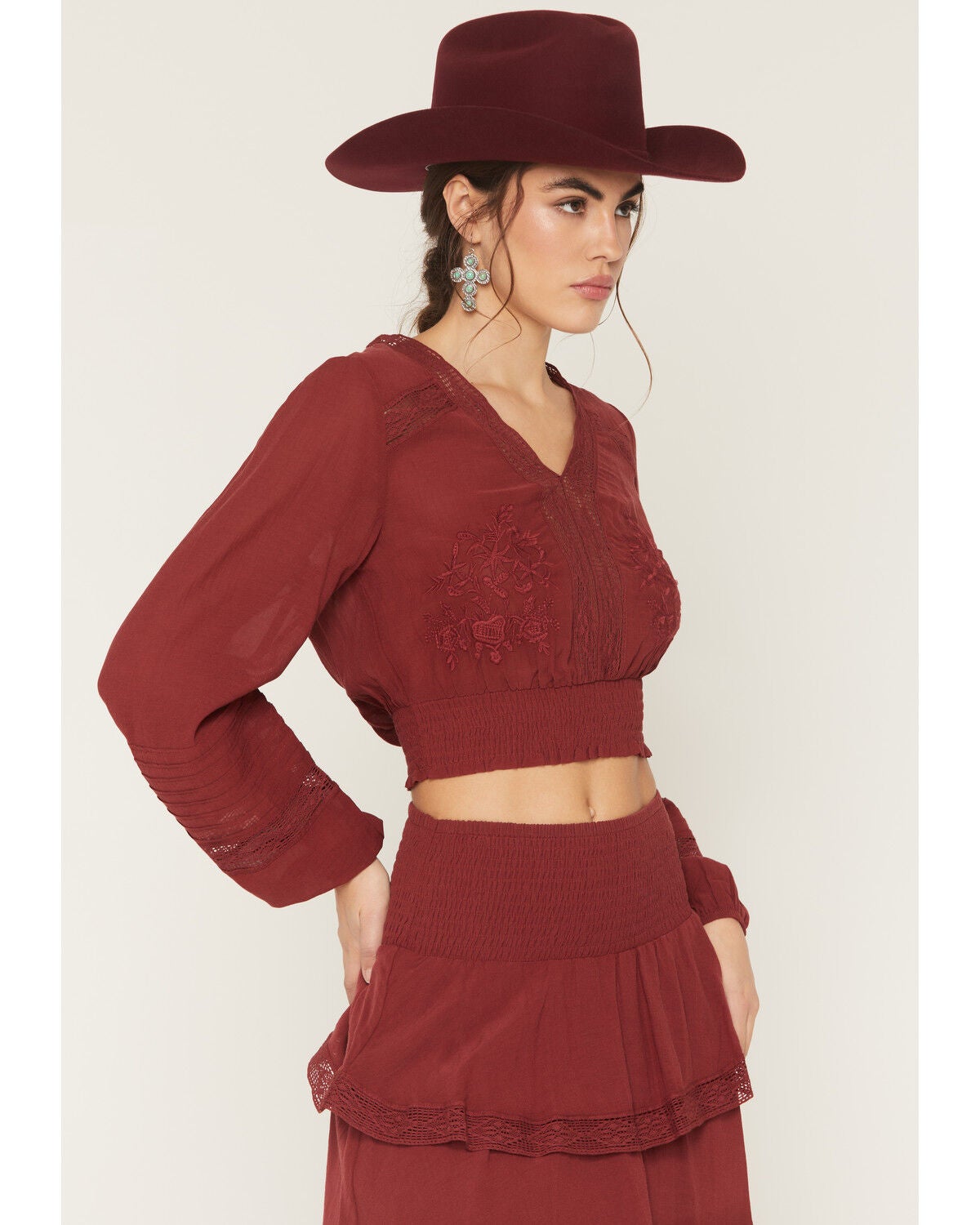 Image #4 - Shyanne Women's Embroidered Smocked Long Sleeve Shirt, Burgundy, hi-res