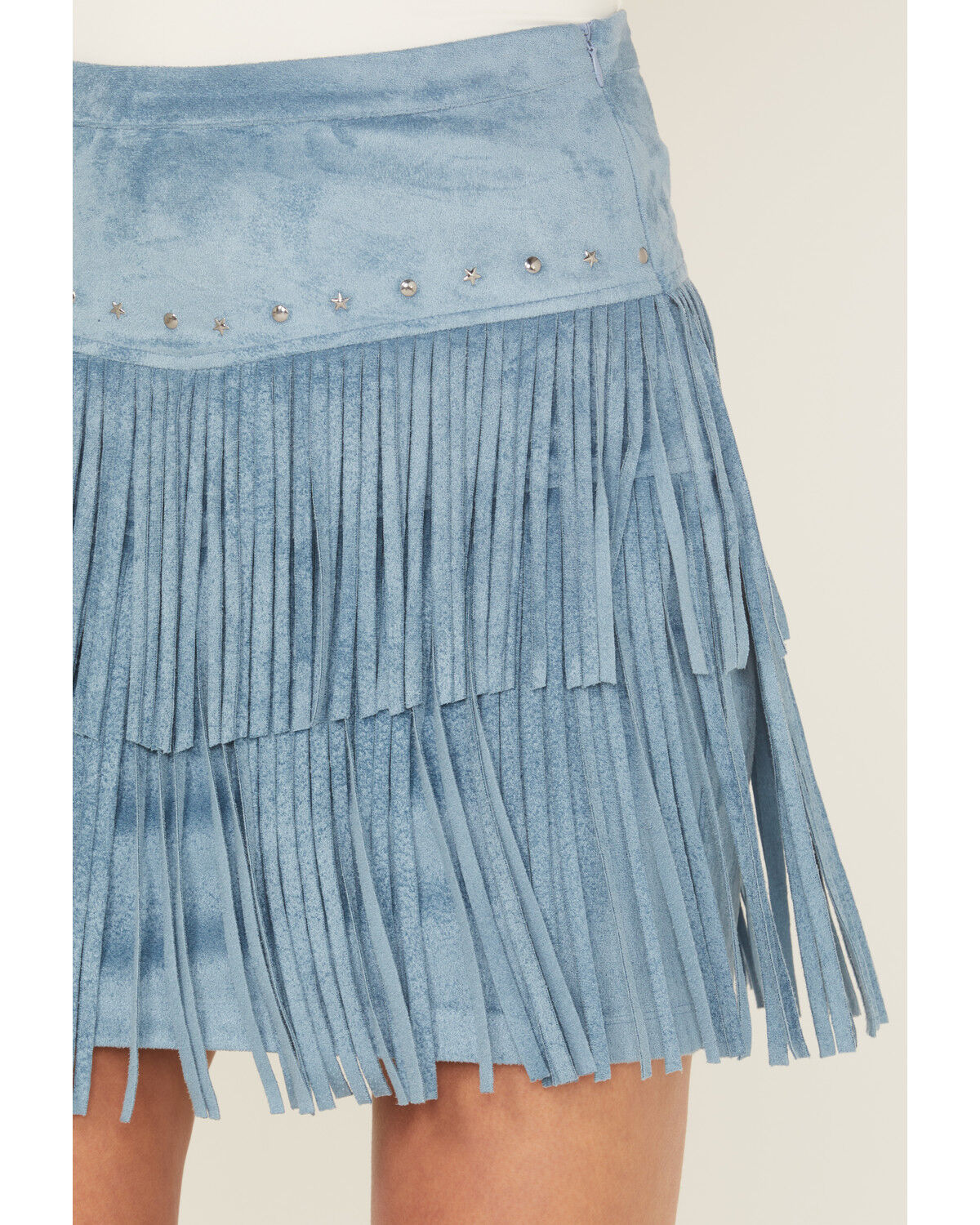 Image #2 - Rock & Roll Denim Women's Embellished Faux Suede Fringe Mini Skirt, Light Blue, hi-res