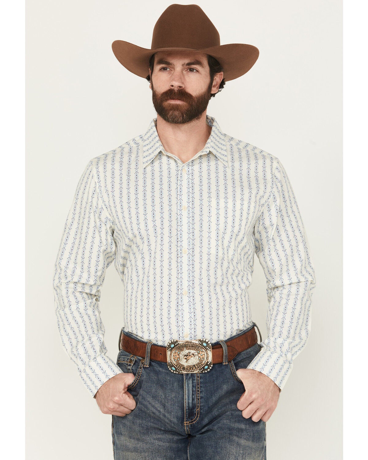 Gibson Trading Co Men's Luau Larry Geo Stripe Long Sleeve Button-Down Stretch Western Shirt, Ivory, hi-res