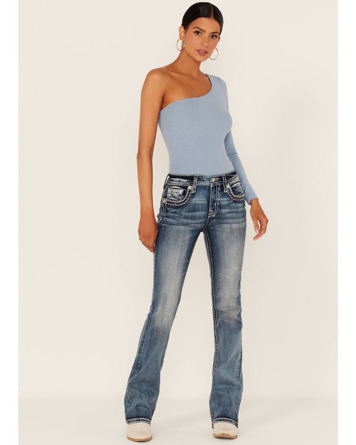Image #1 - Miss Me Women's Border Flap Pocket Bootcut Jeans, Blue, hi-res