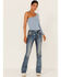 Image #1 - Miss Me Women's Border Flap Pocket Bootcut Jeans, Blue, hi-res