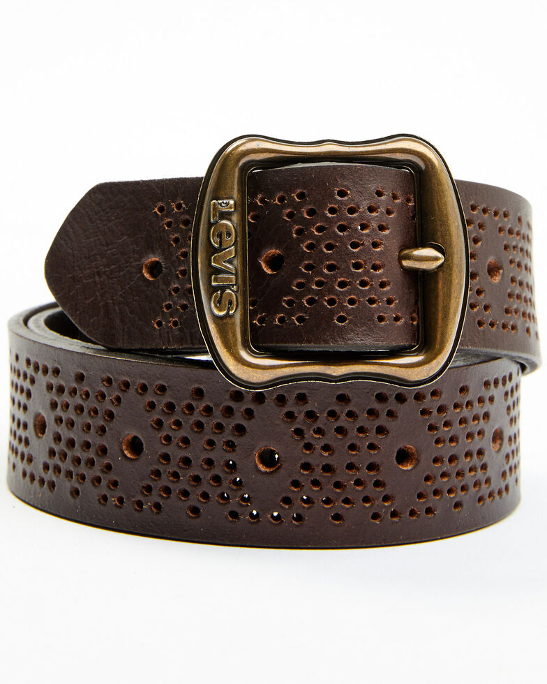 Levi's Women's Centerbar Brown Perforated Dot Leather Belt, Brown, hi-res