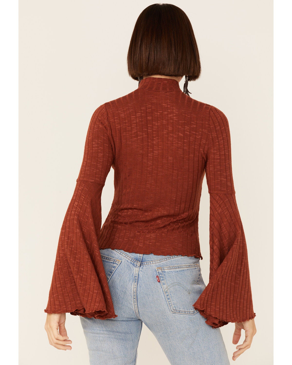 Rib-Knit Mock Neck Bell Sleeve 