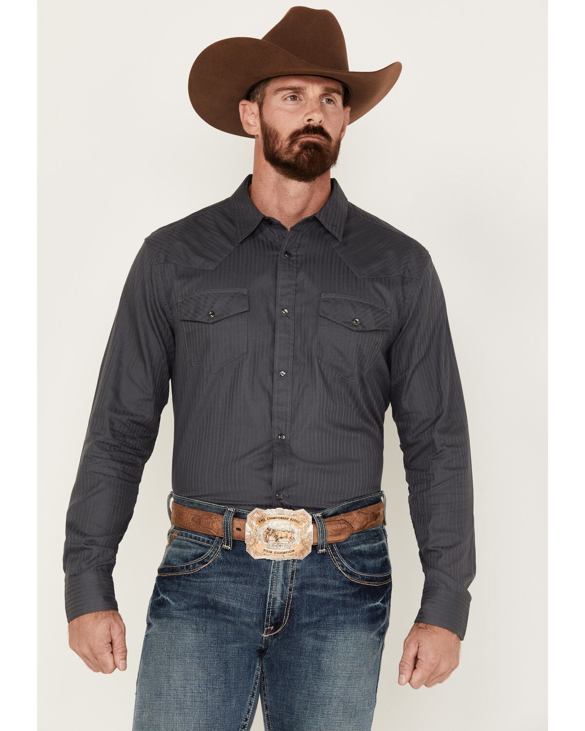Gibson Trading Co Men's Southside Satin Stripe Snap Western Shirt, Grey, hi-res