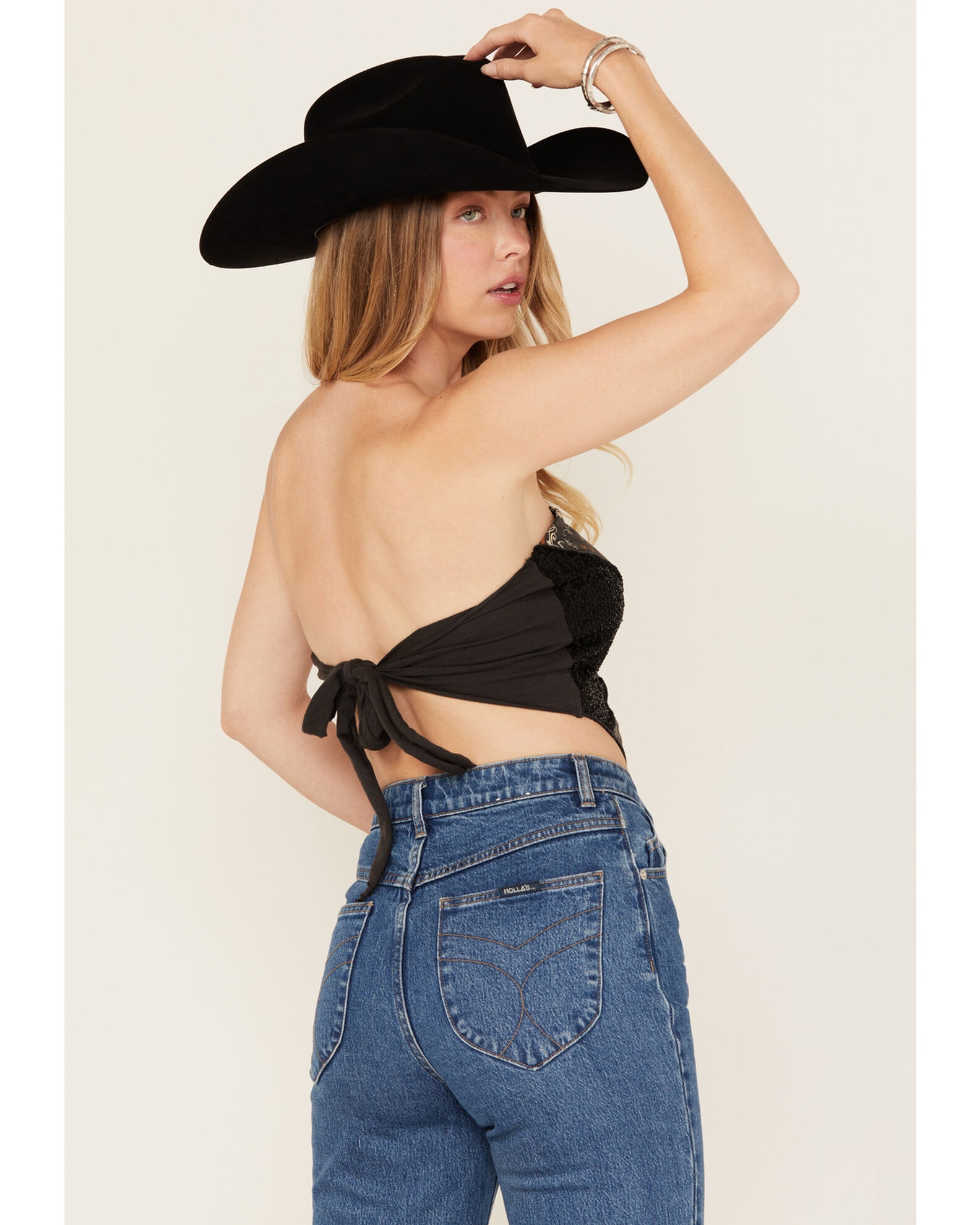 Image #4 - La La Land Women's Strapless Tie-Back Graphic Bandana Crop Top, Black, hi-res