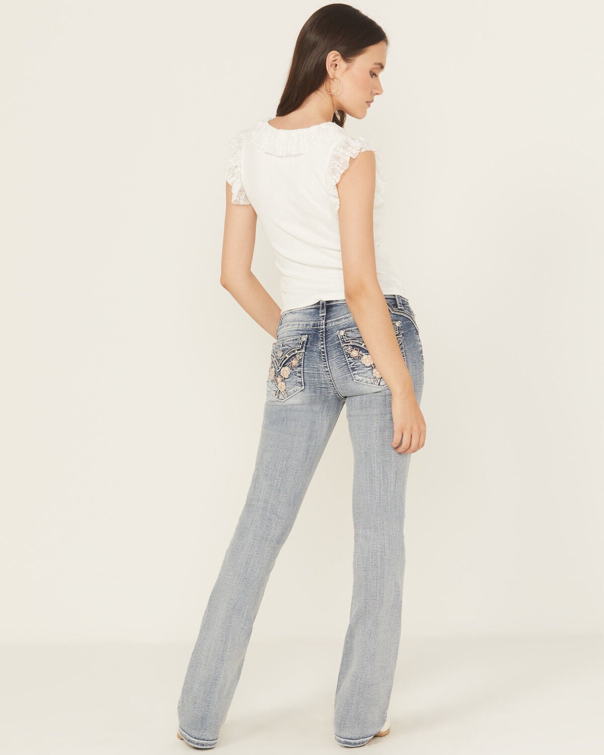 Image #1 - Miss Me Women's Light Wash Mid Rise Floral Embroidered 34" Bootcut Stretch Denim Jeans, Light Wash, hi-res