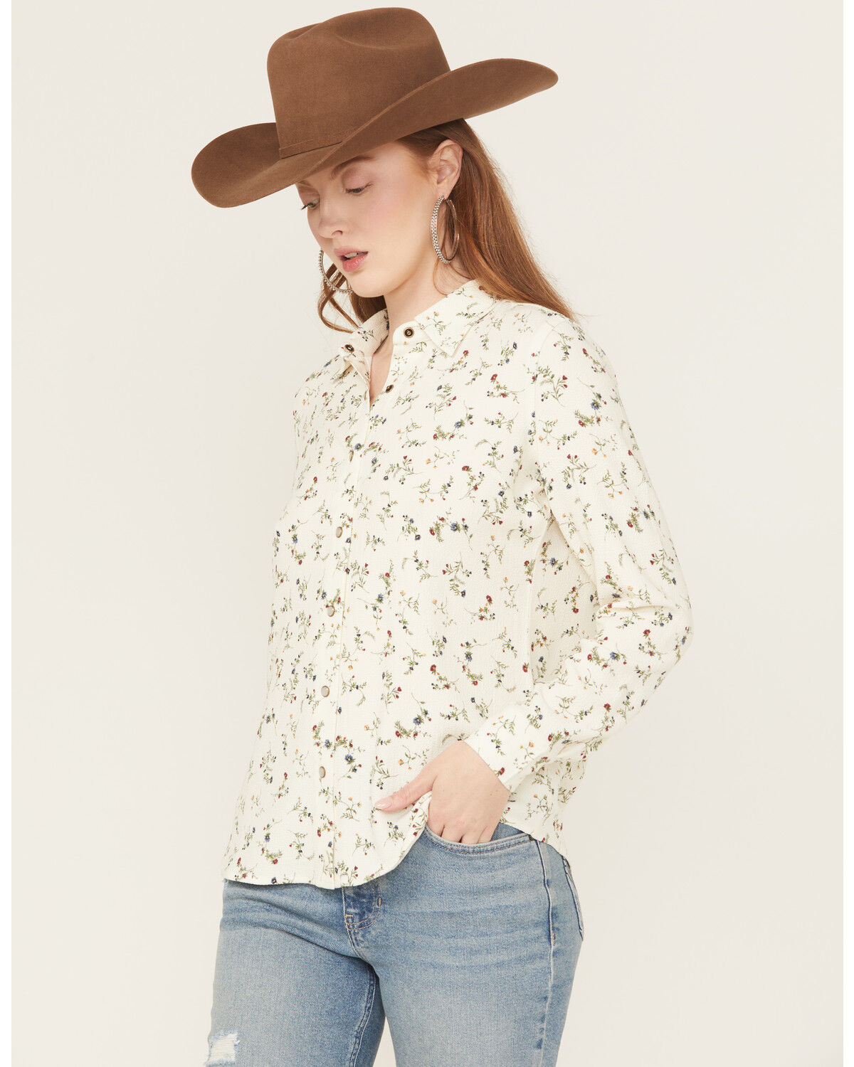 Image #2 - Idyllwind Women's Snowden Floral Print Long Sleeve Featherlight Western Shirt, Cream, hi-res